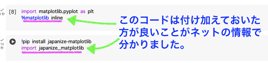 matplotlibのインポートとjapanize_matplotlibのインポート
のコード