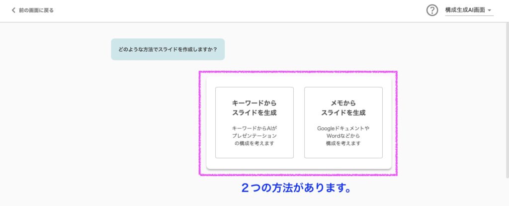 スライド生成方法の選択画像