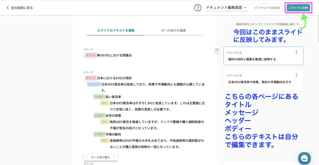 AIによるスライド構成及びテキスト自動生成画像